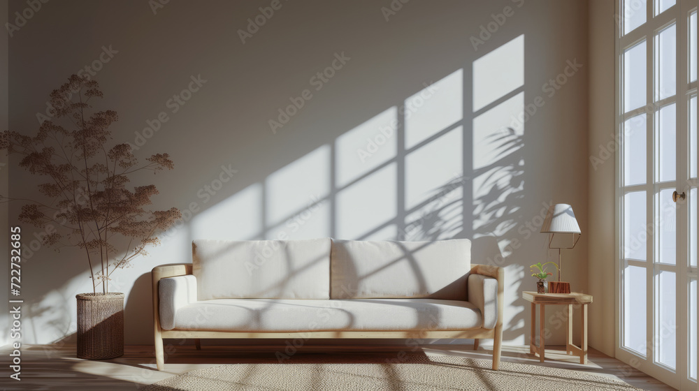 Minimalist interior composition with a sofa next to a window Minimalist interior composition with a sofa next to a window
