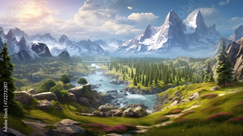 Fantastic mountain landscape with a river. Generative AI