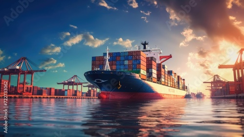 Container cargo ship. Logistic import and export. Transportation logistics and service. Generative AI.