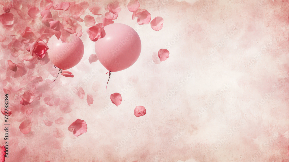  a bunch of pink balloons floating in the air with rose petals on the bottom of the balloons and petals on the bottom of the balloons.