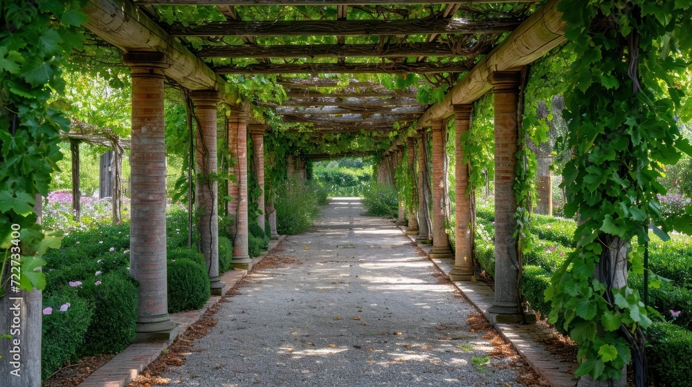 Obraz premium a walkway lined with lots of greenery next to a lush green forest filled with lots of purple and white flowers.