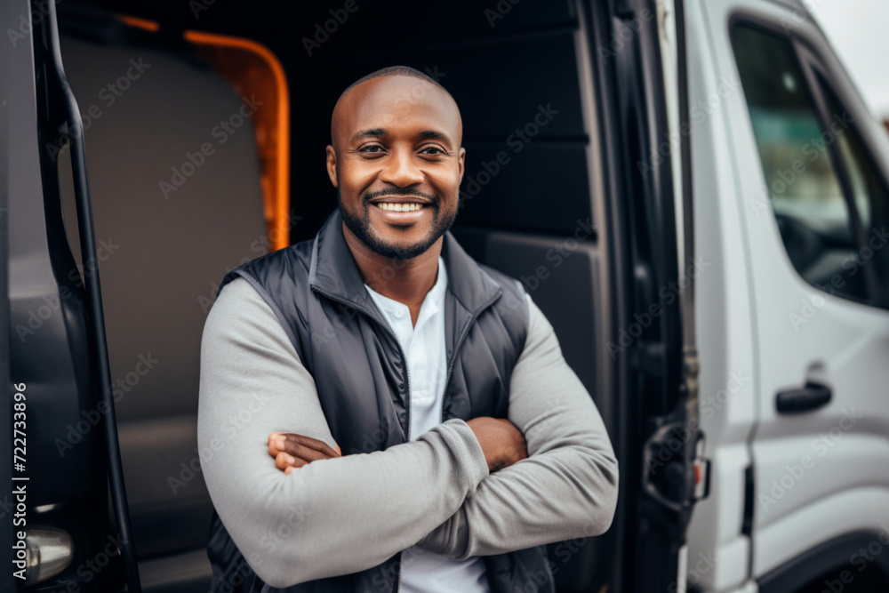 Portrait of happy black professional driver getting out of his truck