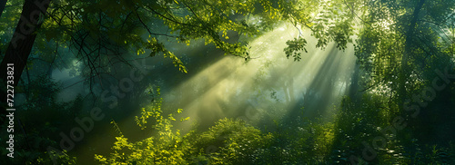 Panoramic view of a forest with sun rays piercing through the trees, creating a beautiful sunrise over the green landscape. A depiction of the serene and natural beauty of a green forest in nature. © jex