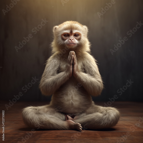 monkey sitting on the floor in lotus pose and making yoga © Optinik
