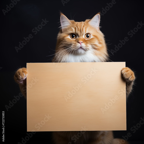 happy cat holding a blank poster