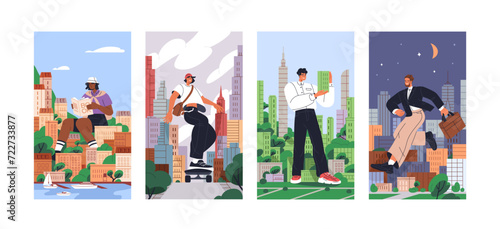 Giant people in city, vertical cards set. Modern urban lifestyle concept. Big huge characters life. Businessman among buildings, gigantic student reading outdoor. Fantastic flat vector illustrations © Good Studio