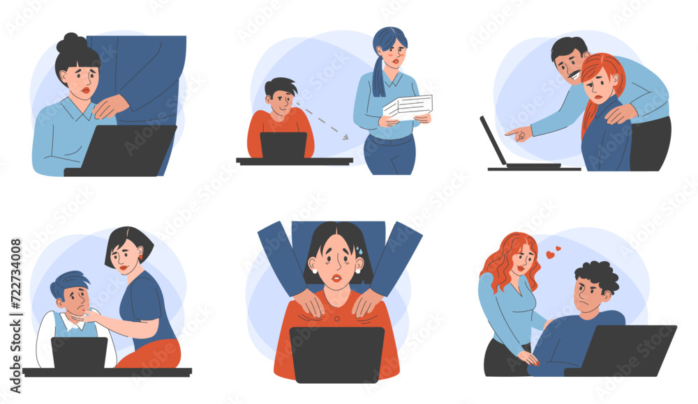 Sexual harassment in the office vector isolated. Employee suffering from abuse, unwanted attention from the boss. Lustful colleague at the workplace. Sexual harassment in the office vector isolated. Employee suffering from abuse, unwanted attention from the boss. Lustful colleague at the workplace.