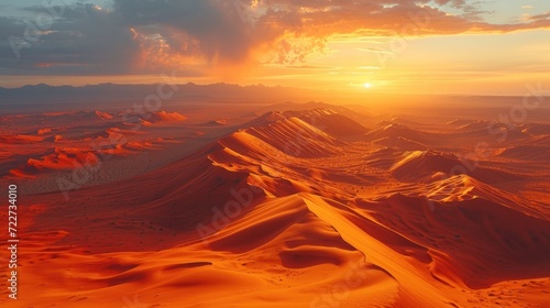  the sun sets over a desert landscape with sand dunes in the foreground and a mountain range in the distance.