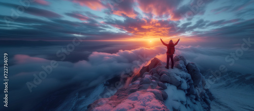 Ultra wide angle panorama of man standing on top of mountain while rise hands up fist pump in the air at twilight.