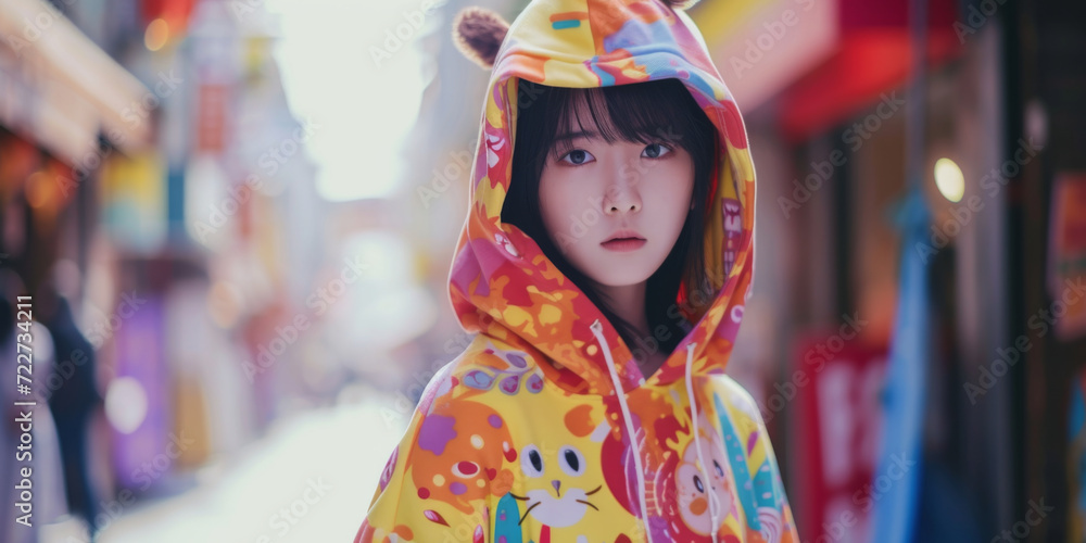 a young girl is wearing a colorful hoodie, generative AI