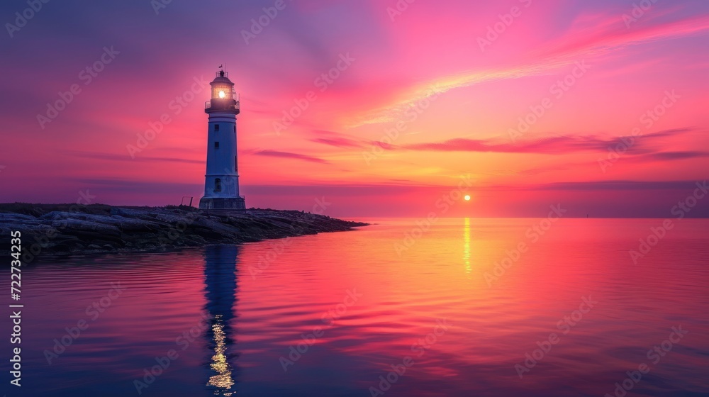 a light house sitting on top of a body of water under a purple and pink sky with clouds in the background.