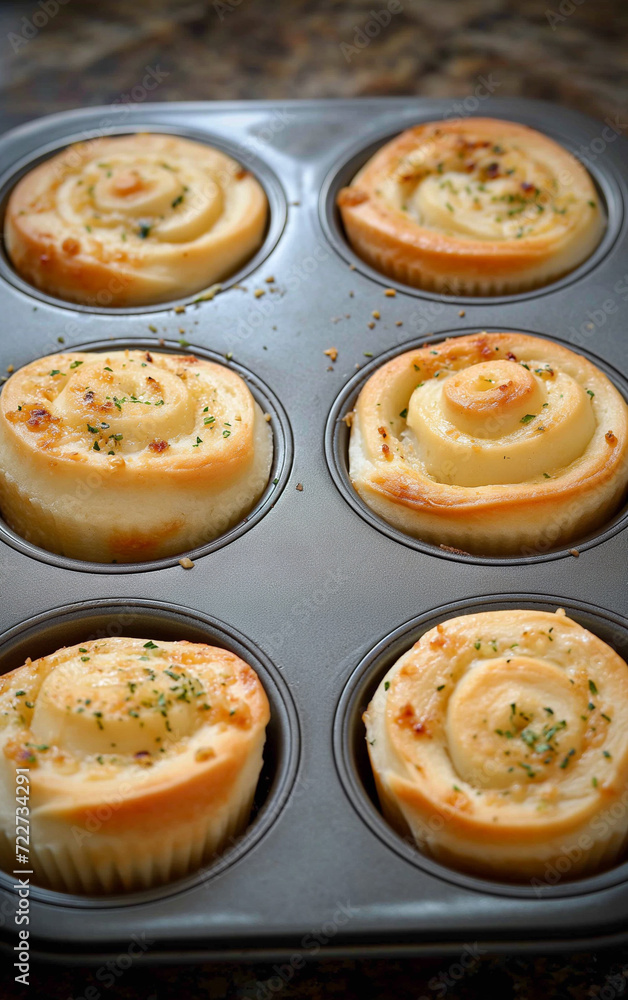 professional, up-close and modern food photography of Garlic Roll Cupcakes professional, up-close and modern food photography of Garlic Roll Cupcakes