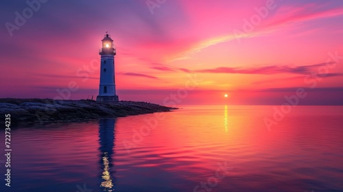  a light house sitting on top of a body of water under a purple and pink sky with clouds in the background. © Olga
