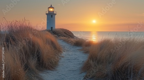  a light house sitting on top of a sandy beach next to a tall brown grass covered field with the sun setting in the background.
