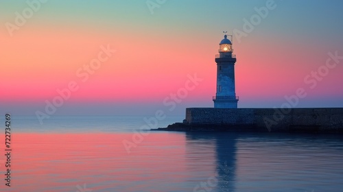  a lighthouse sitting on the edge of a body of water with a pink and blue sky in the back ground.