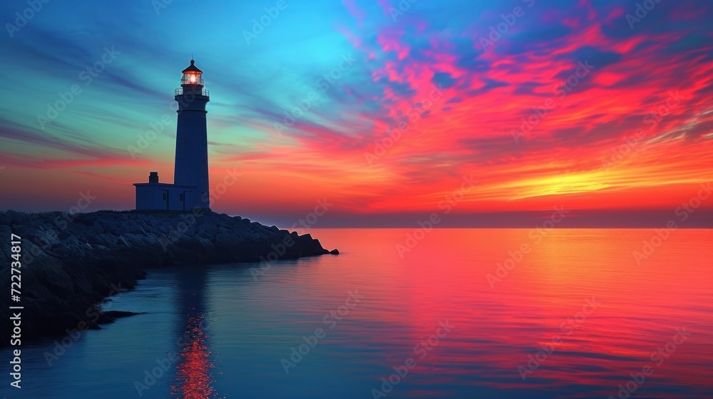  a lighthouse sitting on the edge of a body of water with a red and blue sky in the back ground.