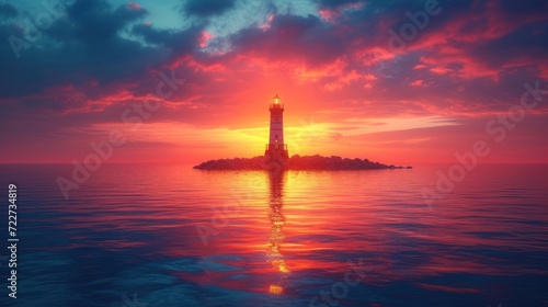  a lighthouse sitting on top of a small island in the middle of the ocean with a sunset in the background.