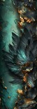 Metallic Edges in Epic Fantasy Scenes with Detailed Feather rendering in Dark Turquoise and Dark Gold - Spectacular Metal Fantasy Feather Backdrop created with Generative AI Technology