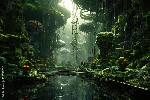 A lush jungle intertwined with futuristic cybernet generative ai photo
