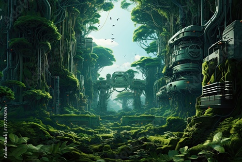 A lush jungle intertwined with futuristic cybernet generative ai