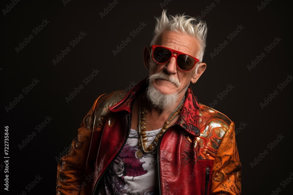 Old man with a white beard wearing a red leather jacket and sunglasses on a dark background.