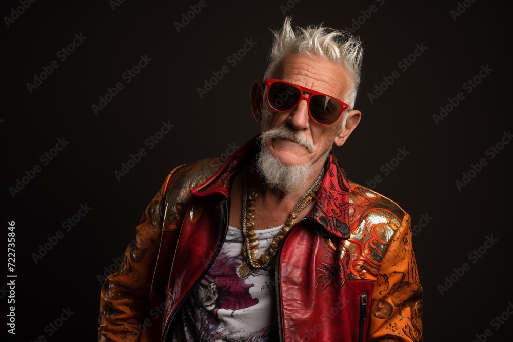 Old man with a white beard wearing a red leather jacket and sunglasses on a dark background. Old man with a white beard wearing a red leather jacket and sunglasses on a dark background.