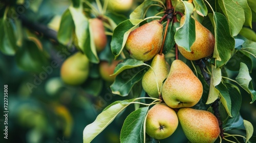 a tree filled with lots of ripe pears hanging off of it's green leaves on a sunny day.