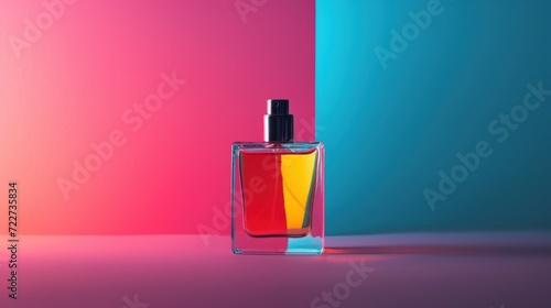  a bottle of perfume sitting on a table next to a pink and blue and pink background with a black top.