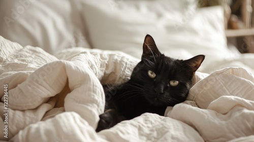  a black cat laying on top of a bed covered in white blankets and blankets on top of it's head.
