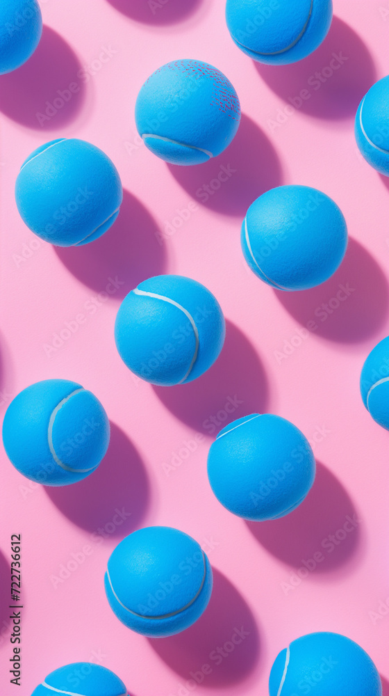 lay flat blue tennis balls against a bright bold minimalist pink background