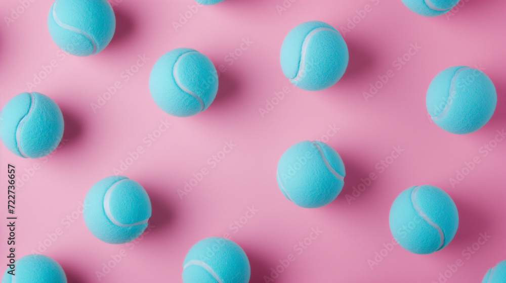 lay flat blue tennis balls against a bright bold minimalist pink background lay flat blue tennis balls against a bright bold minimalist pink background