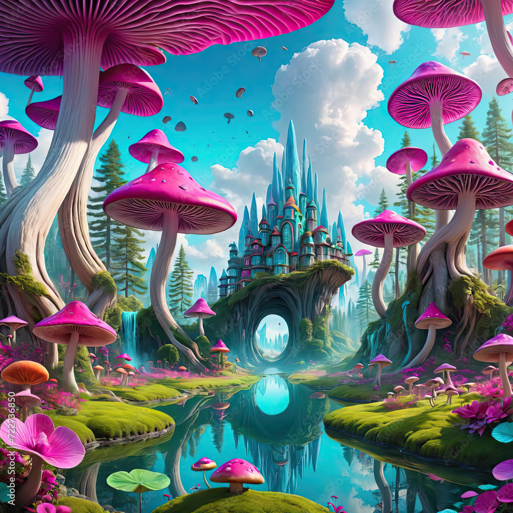 Psychedelic Forest - Giant mushrooms sprouting in a vibrant and surreal ...