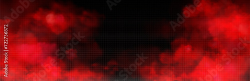Red glowing smoke cloud with overlay effect on dark transparent background. Realistic vector illustration of bloody smoky mist or chemical toxic haze. Mystery dramatic creepy bloody steam or fog.