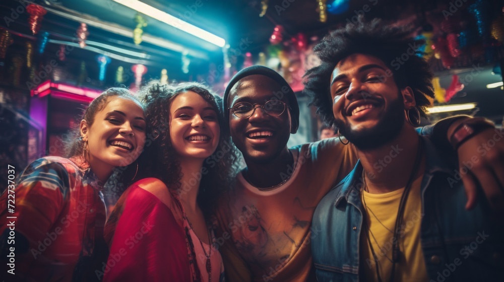 Friends of different nationalities take selfies at a party. Friendship and relationships.