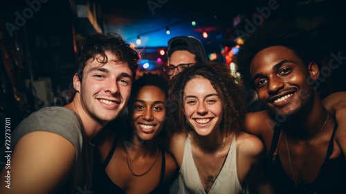 Friends of different nationalities take selfies at a party. Friendship and relationships.