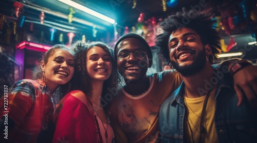 Friends of different nationalities take selfies at a party. Friendship and relationships. © Restyler