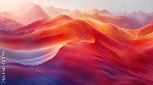  a painting of a mountain range with red  orange  and blue waves in the foreground and a light blue sky in the background.