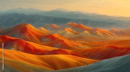  an aerial view of a mountain range with orange and yellow hills in the foreground and a sunset in the background.