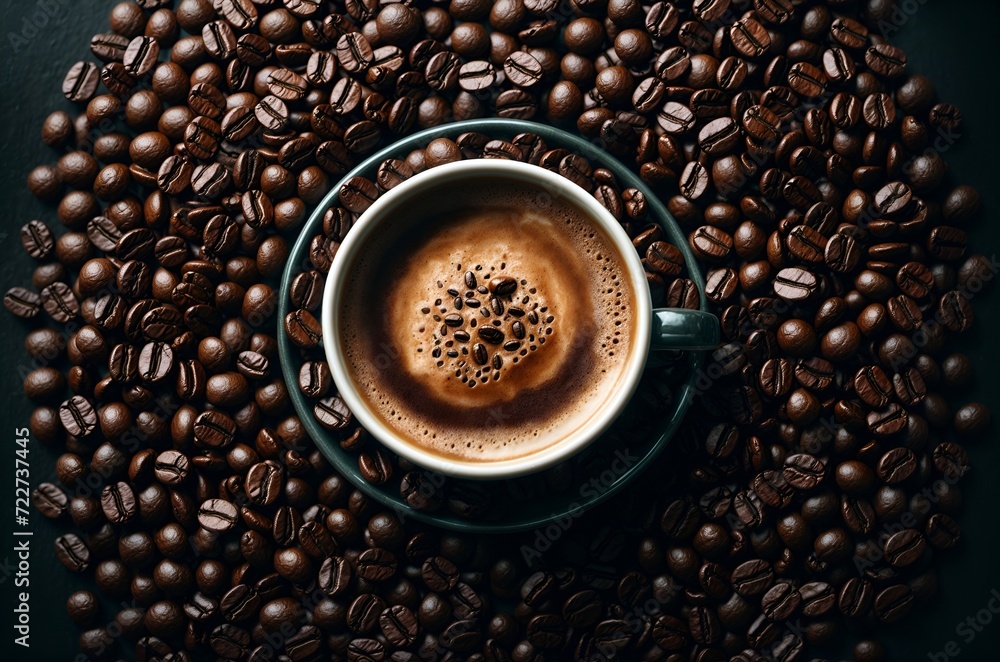 a top-down view of a coffee cup at the center, surrounded by a coffee beans a top-down view of a coffee cup at the center, surrounded by a coffee beans