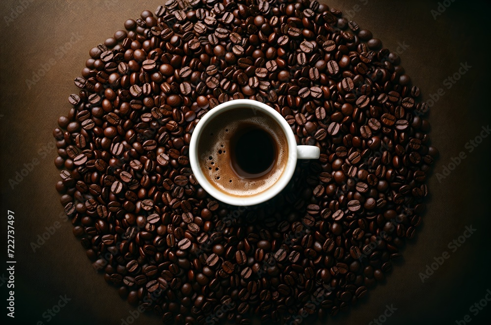 a top-down view of a coffee cup at the center, surrounded by a coffee beans a top-down view of a coffee cup at the center, surrounded by a coffee beans