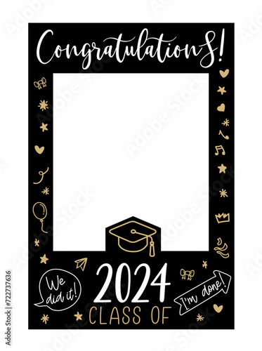 Graduate photo booth frame. Props with Class of 2024. Selfie frame. Kit for graduation party. Decorations party supplies. Graduation party photo booth frame. Gold and black vector illustration.