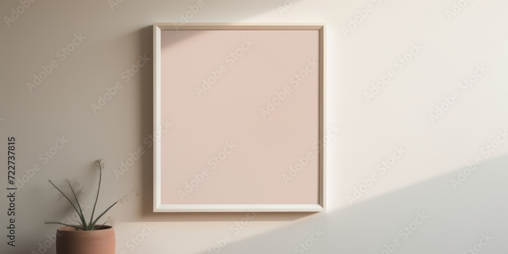 A blank mockup hangs on an off-white wall, with sunlight streaming in, creating a serene and inviting atmosphere for customization. A blank mockup hangs on an off-white wall, with sunlight streaming in, creating a serene and inviting atmosphere for customization.