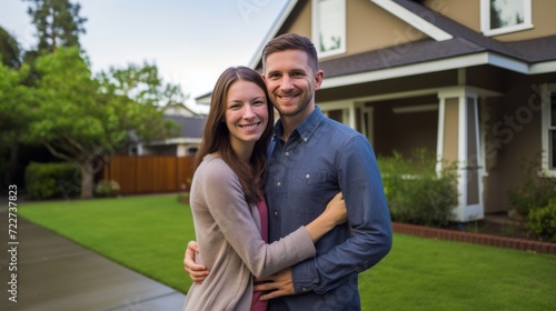 A young married couple in front of their new home. Mortgage and lending for construction and purchase of housing.