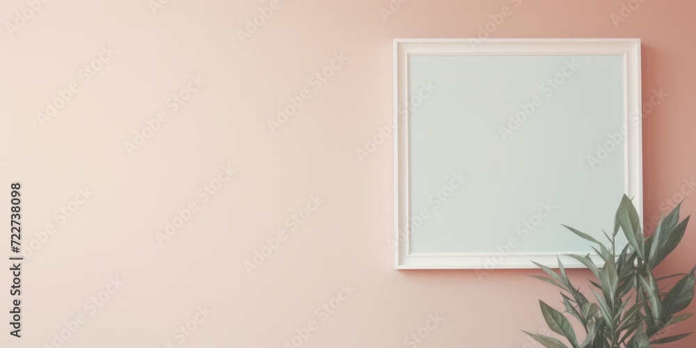 This chic arrangement features a blank mockup for customization, showcasing a white square frame against a light pink wall, with a green plant adding a refreshing touch to the composition. This chic arrangement features a blank mockup for customization, showcasing a white square frame against a light pink wall, with a green plant adding a refreshing touch to the composition.