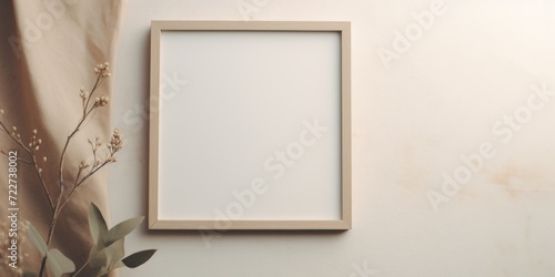 In this customizable blank mockup, a square wood frame is placed against an off-white wall, accompanied by a plant, offering a stylish and versatile setting for personalization.