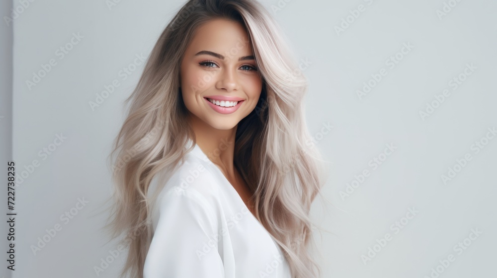 Attractive woman in a white business suit with long wavy hair. Hair care. Fashion and beauty. Attractive woman in a white business suit with long wavy hair. Hair care. Fashion and beauty.