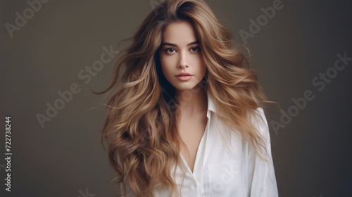 Attractive woman in a white business suit with long wavy hair. Hair care. Fashion and beauty.
