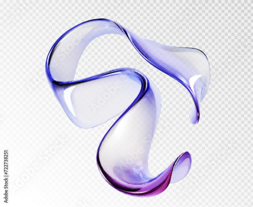Abstract liquid glass transparent ribbon. Realistic vector illustration of blue and purple spectrum holographic floating wave shape. Iridescent dynamic curve translucent design element flowing in air.