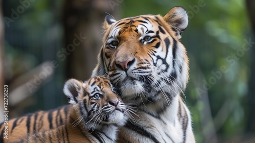 Portrait of a male tiger with a little tiger cub  background image  generative AI