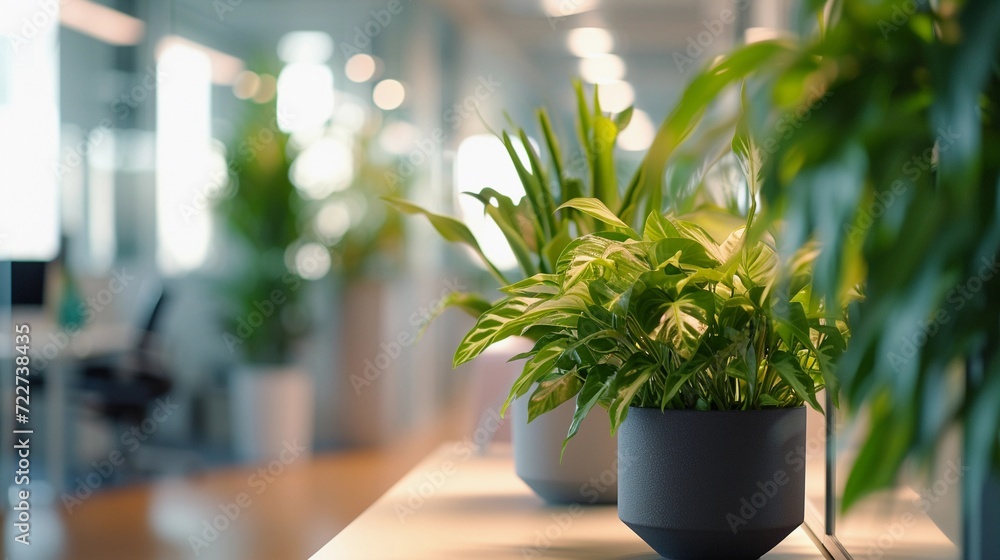 Fototapeta premium Office Plantscape, Showcase a variety of indoor plants strategically placed around the office, background image, generative AI